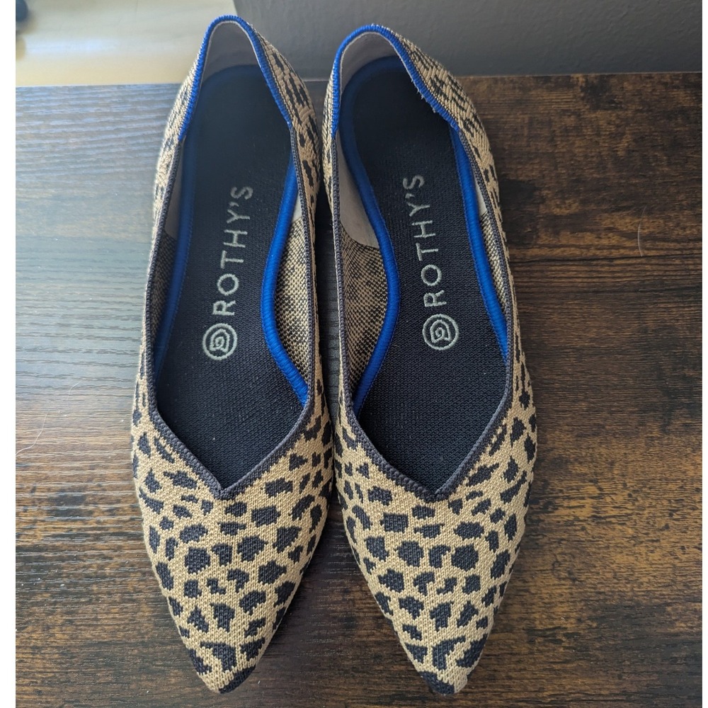 Rothy's The Point Leopard Cat Tan Black Pointed Toe Flats W8